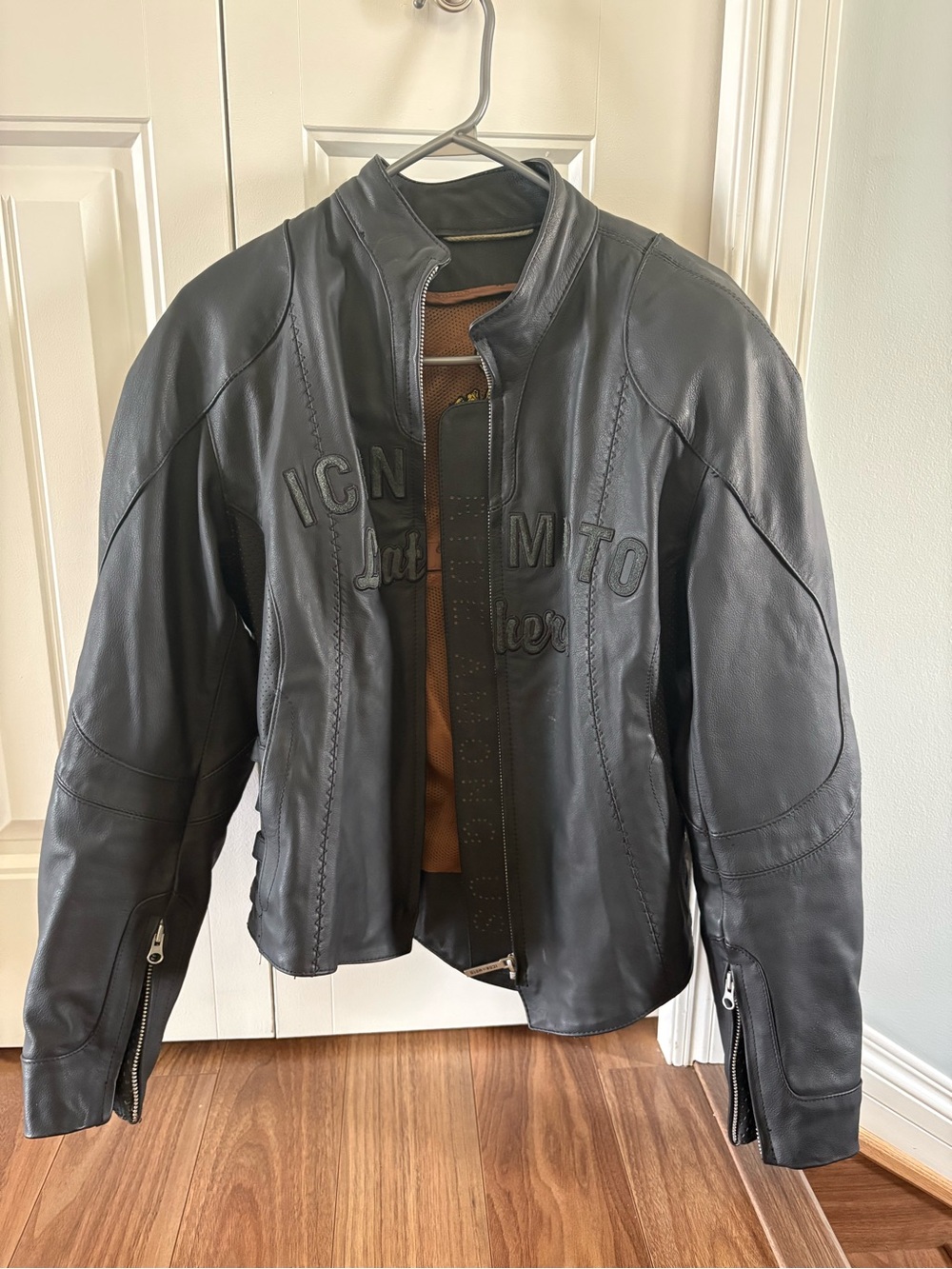 Icon Moto Black Leather Motorcycle Jacket with Embossed Lettering